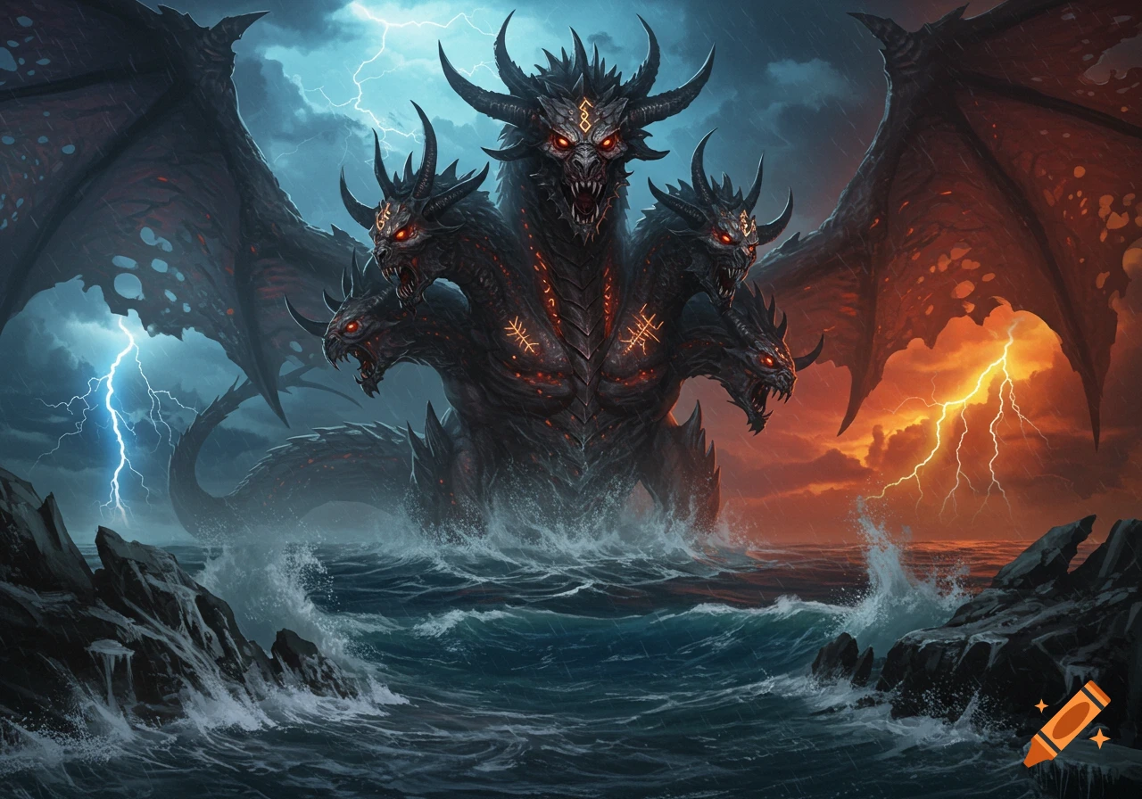 A massive, multi-headed dark dragon emerges from stormy ocean waves, surrounded by lightning and dark clouds in a fantasy art style.