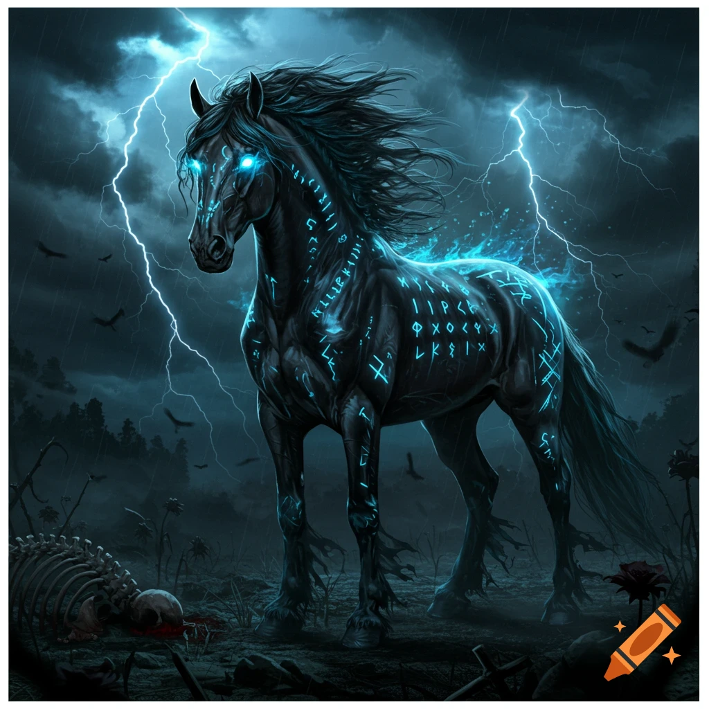 A black horse with glowing blue eyes and mystical blue runes on its body stands in a dark, stormy landscape with lightning and a skeleton on the ground.