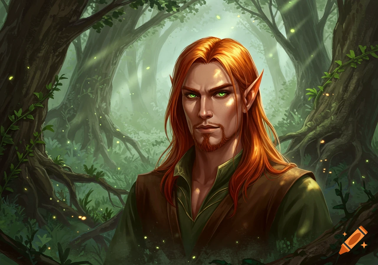 A red-haired male elf with a short beard and green eyes looks directly forward in a magical forest. Green trees and glowing fireflies surround him.