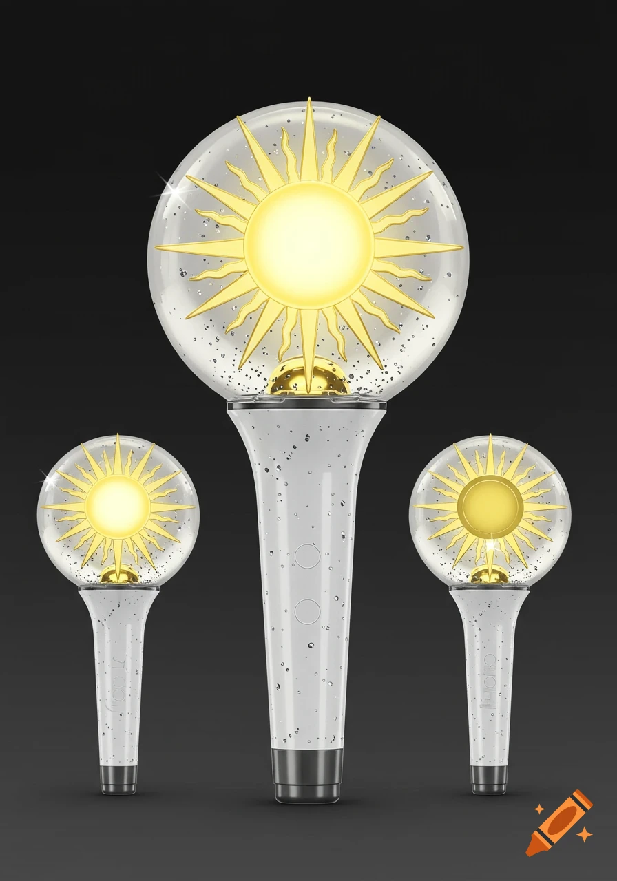 Three white K-pop lightsticks with clear, glitter-filled globes topped with luminous yellow suns.