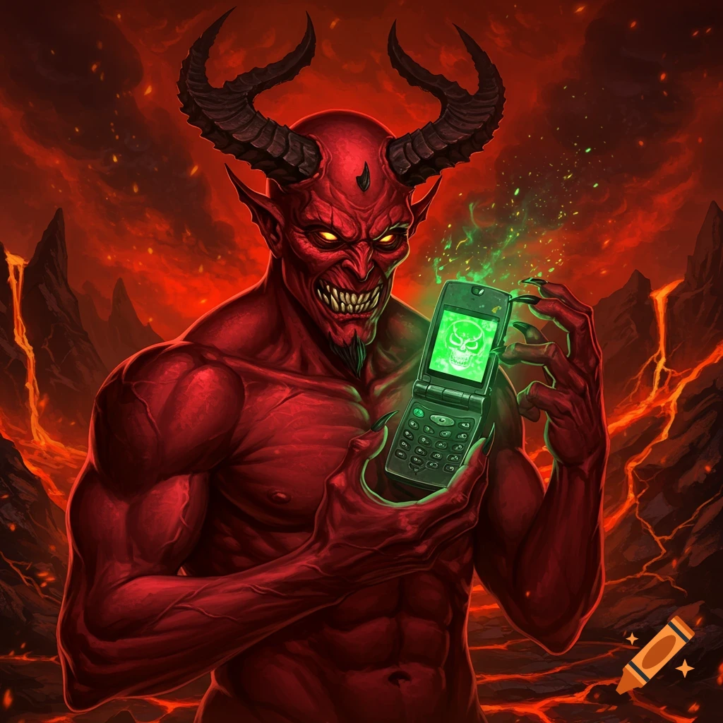 A red-skinned demon with horns and sharp teeth holds a green flip phone with a skull on its screen, set against a fiery hellscape.