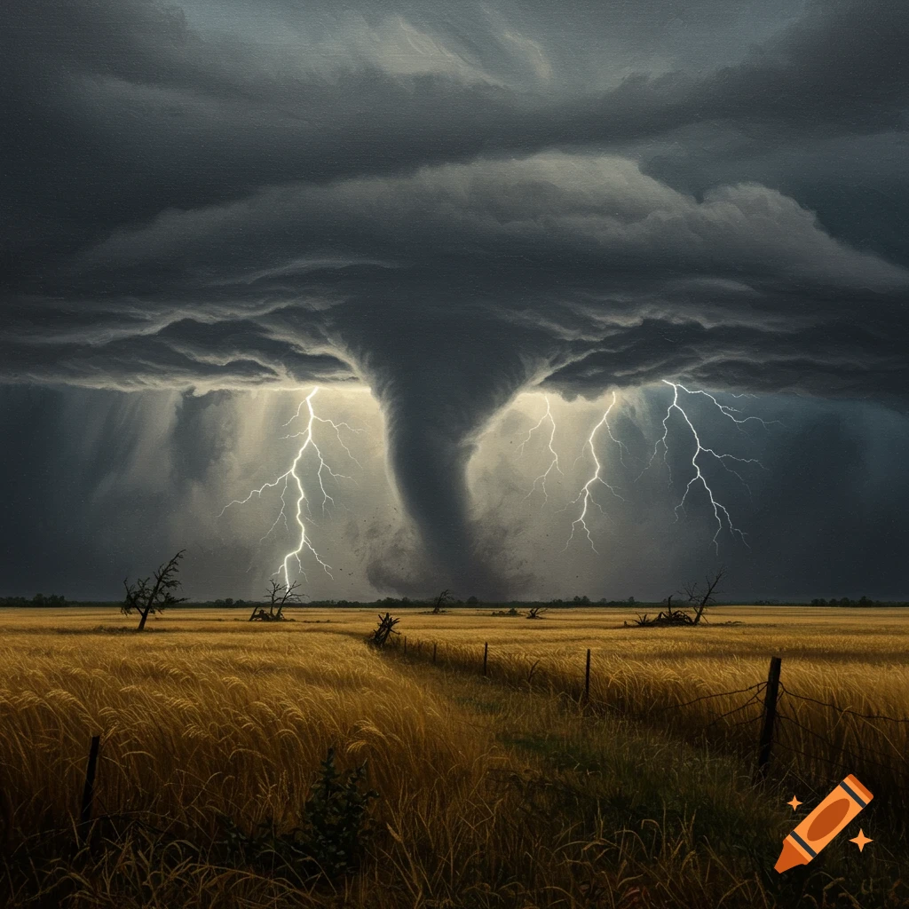 A dramatic, photorealistic image of a powerful tornado tearing through a golden wheat field under a dark, stormy sky with bright lightning strikes.