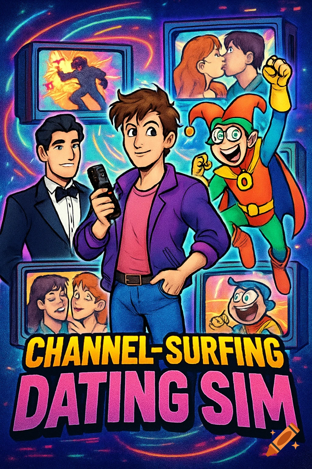 A vibrant cartoon poster for "CHANNEL-SURFING DATING SIM", depicting a man with a remote surrounded by various TV screens.
