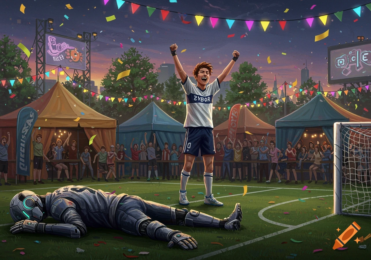 A cheering soccer player with arms raised in victory over a defeated robot on a field, surrounded by confetti and a festive crowd.