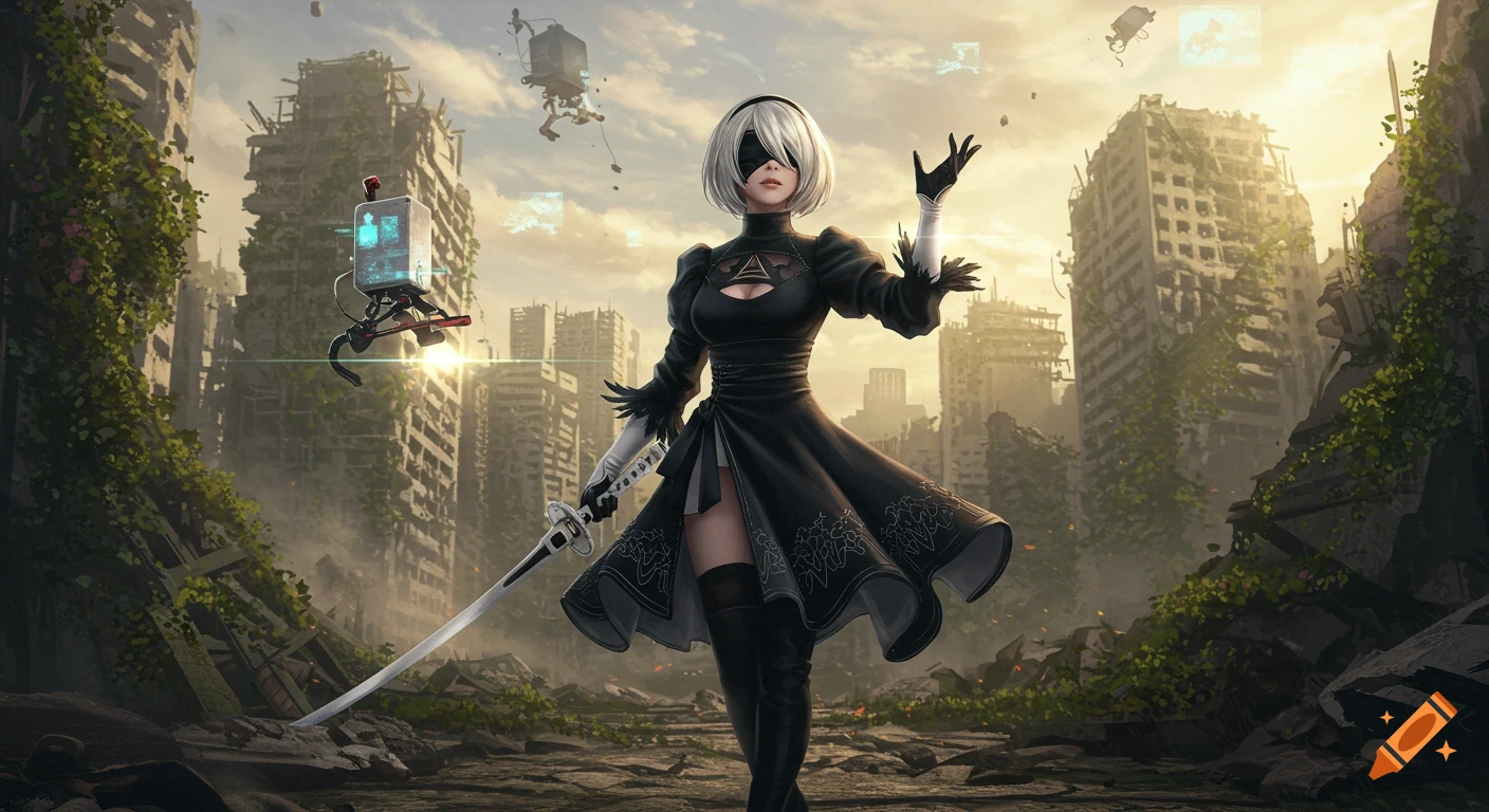2B from Nier: Automata stands in a ruined city with broken skyscrapers and floating drones, holding a sword. Photorealistic, cinematic style.