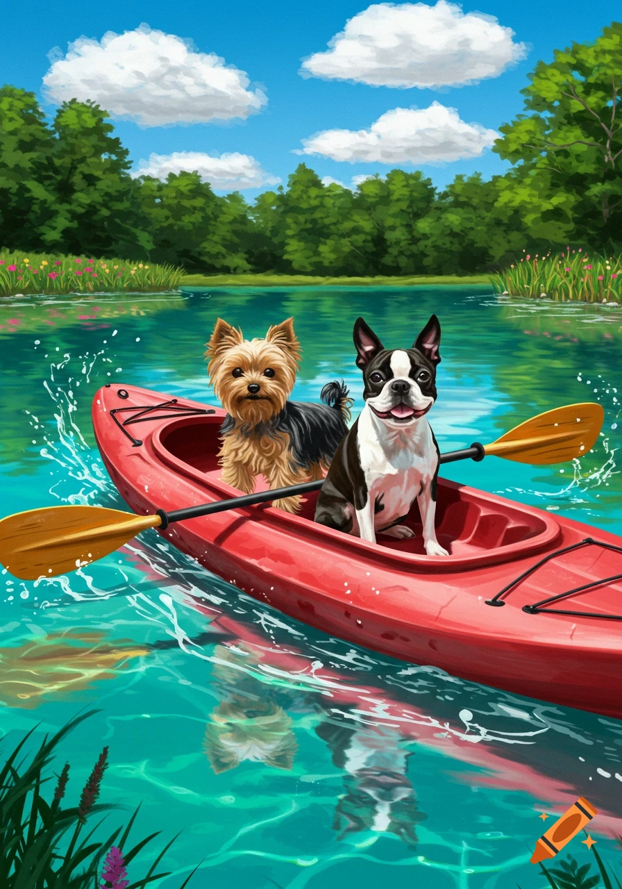 A Yorkie and a Boston Terrier in a red kayak on a calm lake, surrounded by green trees under a blue sky. Illustration.