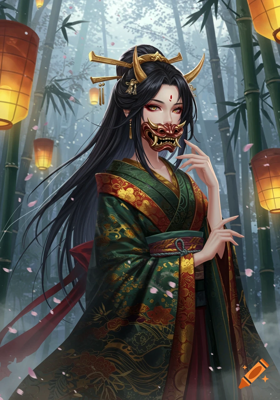 Anime woman with an oni mask, long black hair, wearing a green and gold kimono, in a bamboo forest with lanterns.