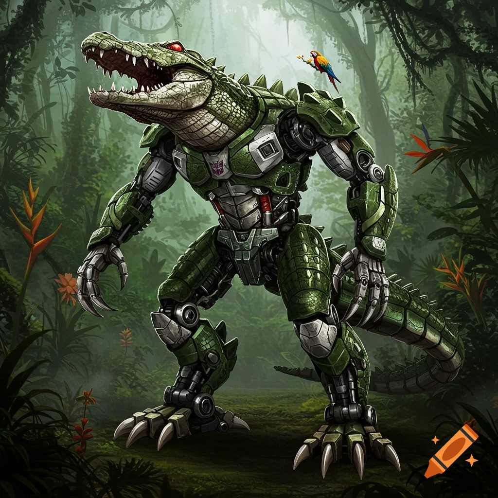 A green robotic alligator, resembling a Transformer, stands in a lush jungle with a small parrot perched on its shoulder.