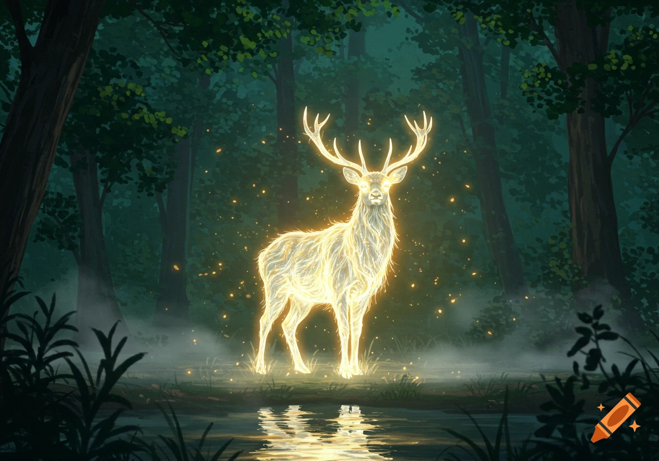 A radiant, glowing white stag stands in a misty forest clearing by a reflective stream at dusk, with golden particles floating around it.