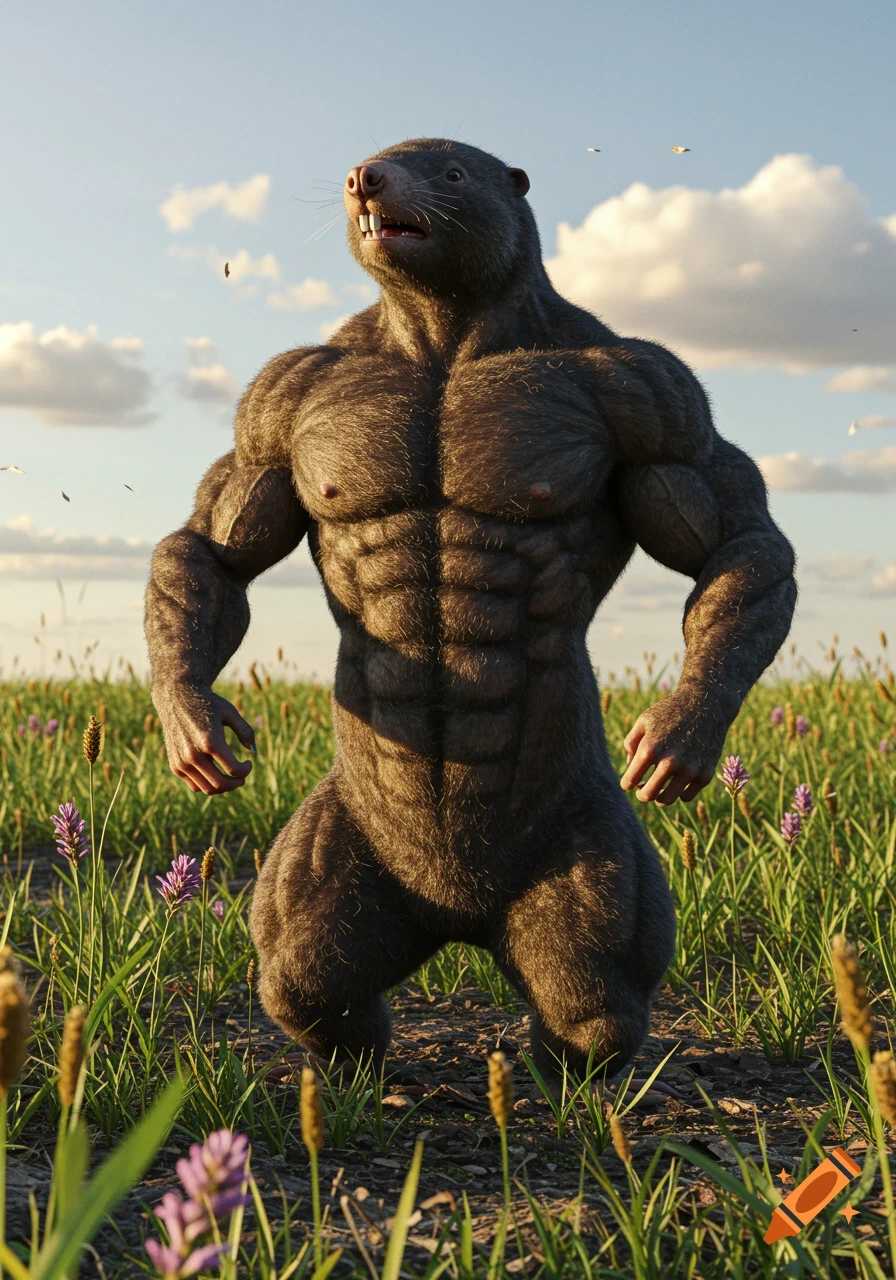 A photorealistic render of a heavily muscled mole standing in a field of green grass and purple flowers under a blue sky.