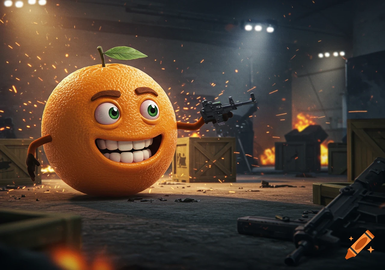 A cheerful, anthropomorphic orange fruit character with a gun stands in a gritty, sparks-filled combat zone, surrounded by crates and distant fire.