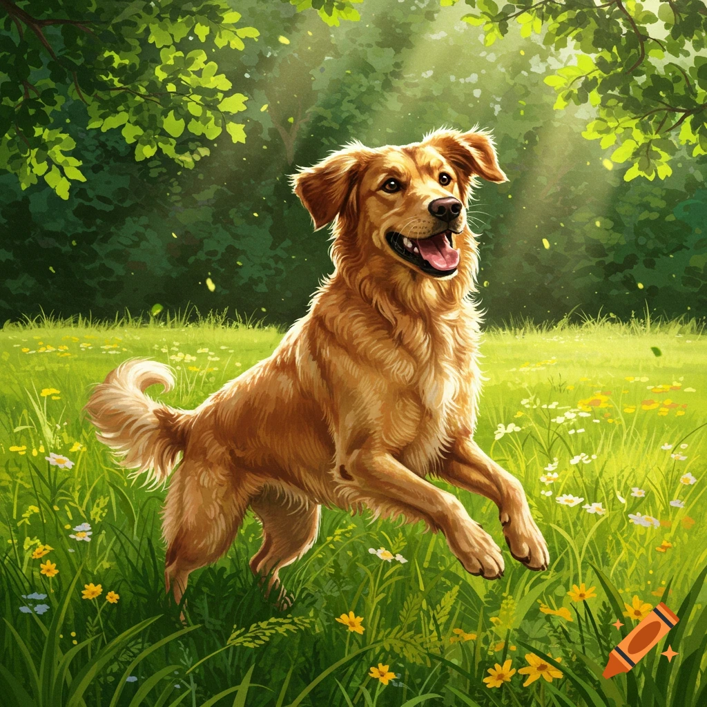 A happy golden retriever running through a sunny green field with wildflowers and trees in a painterly style.