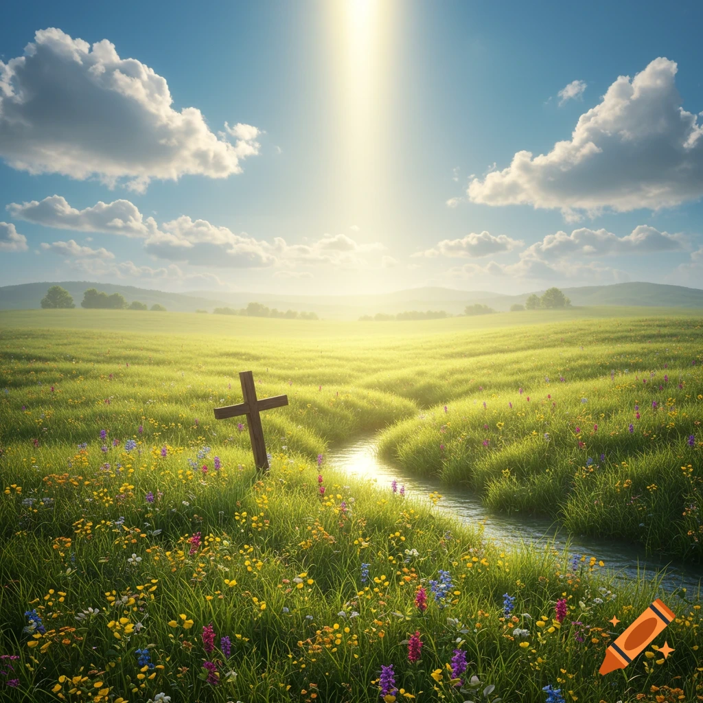 A wooden cross stands in a green field filled with wildflowers, with a stream and a bright light shining from the sky.