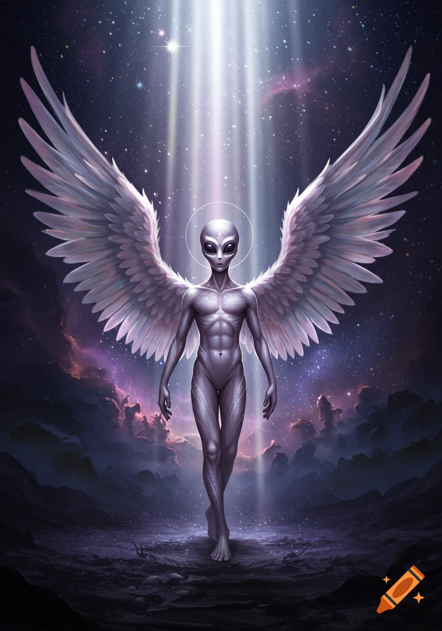 A grey alien with large white wings and a halo stands in a starry cosmic landscape under a bright light beam.