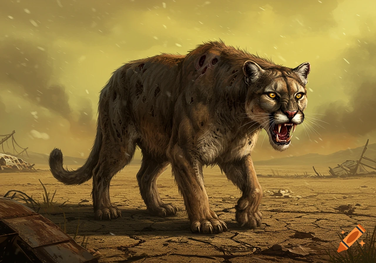 A snarling, mutated mountain lion with wounds and glowing eyes stalks across a desolate, cracked desert under a yellow sky.