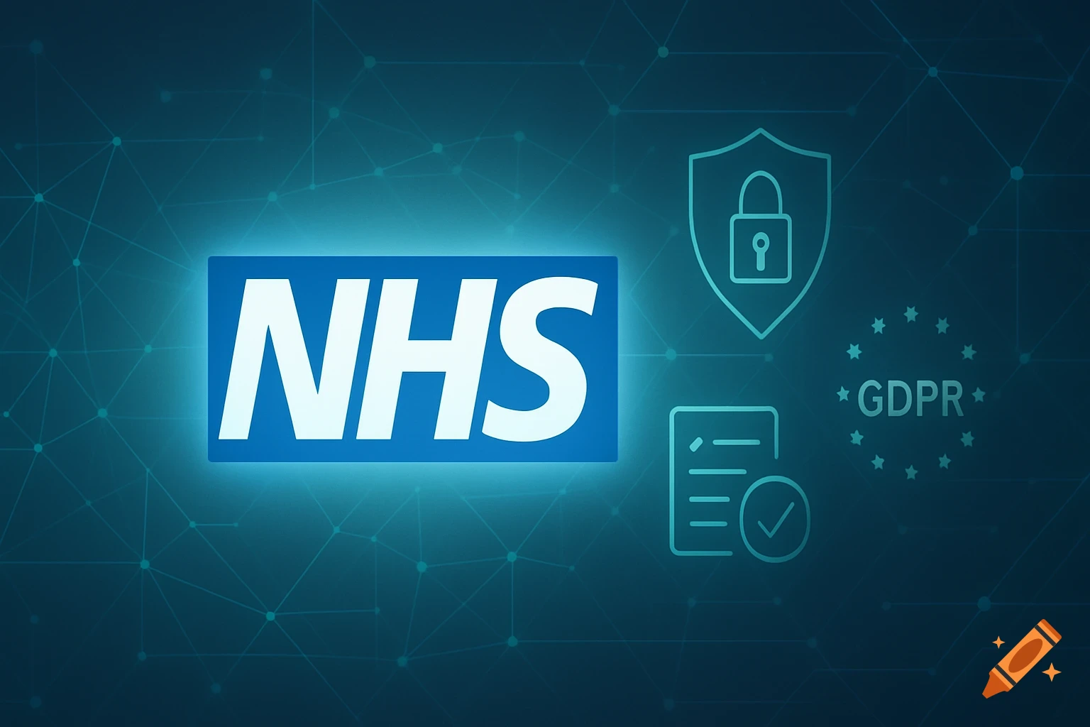 NHS logo with cybersecurity shield, document, and GDPR text on a digital blue background.