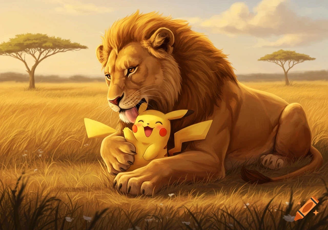 A large golden lion lies in a grassy savanna, gently licking a smiling yellow Pikachu it holds in its paws, with acacia trees in the background.