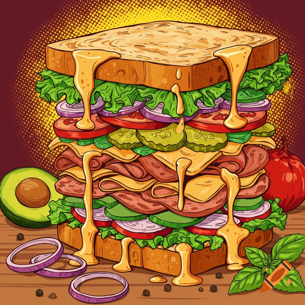 A towering, illustrative sandwich packed with meats, cheese, and vegetables, with yellow sauce dripping, on a wooden table with avocado and onion rings.