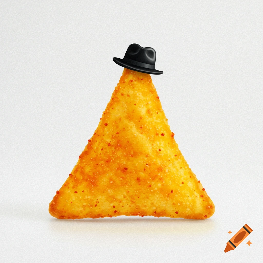 A single Dorito chip, bright orange with seasoning, stands upright and wears a small black fedora, against a plain white background.