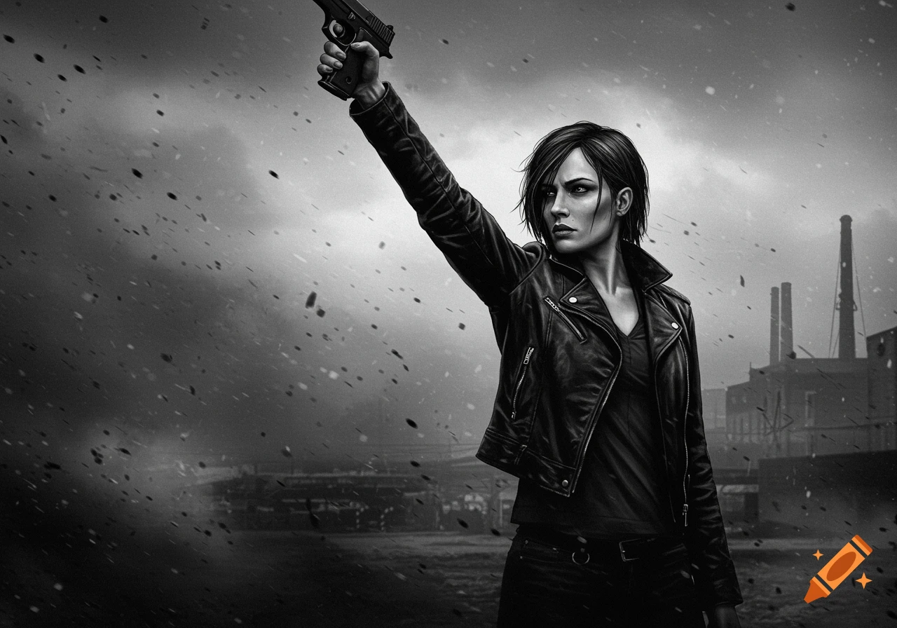 A gritty black and white portrait of a woman in a leather jacket holding a handgun aloft against an industrial background.