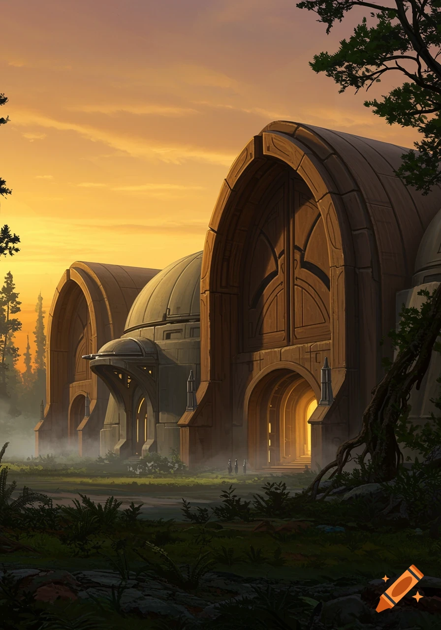 A grand, arched building with glowing doorways, reminiscent of Star Wars Jedi architecture, stands in a misty forest at sunset.