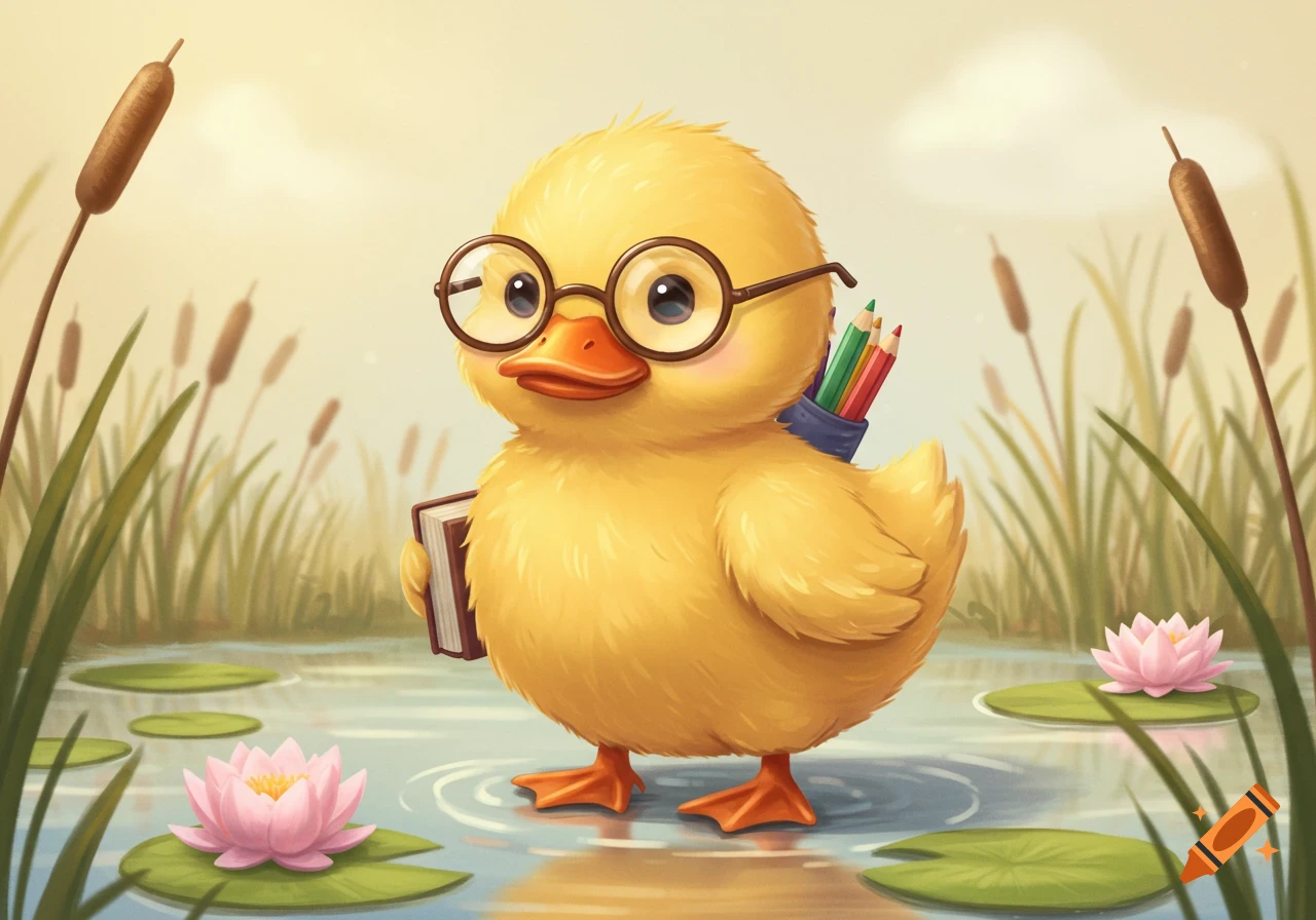 A cute cartoon yellow duck wearing glasses, holding a book, and carrying pencils, standing in a pond with water lilies.