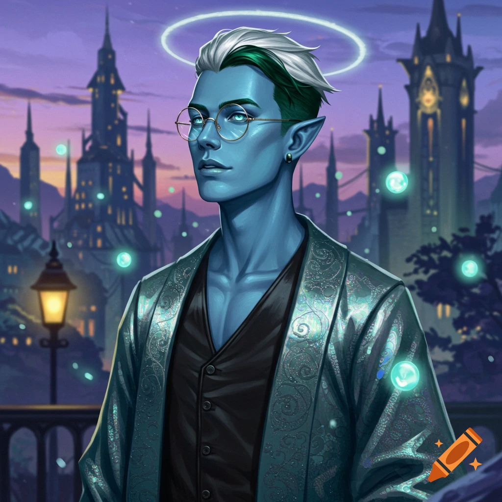 A blue-skinned man with white and green hair, glasses, and a glowing halo stands against a backdrop of a fantasy city at dusk with floating glowing orbs.