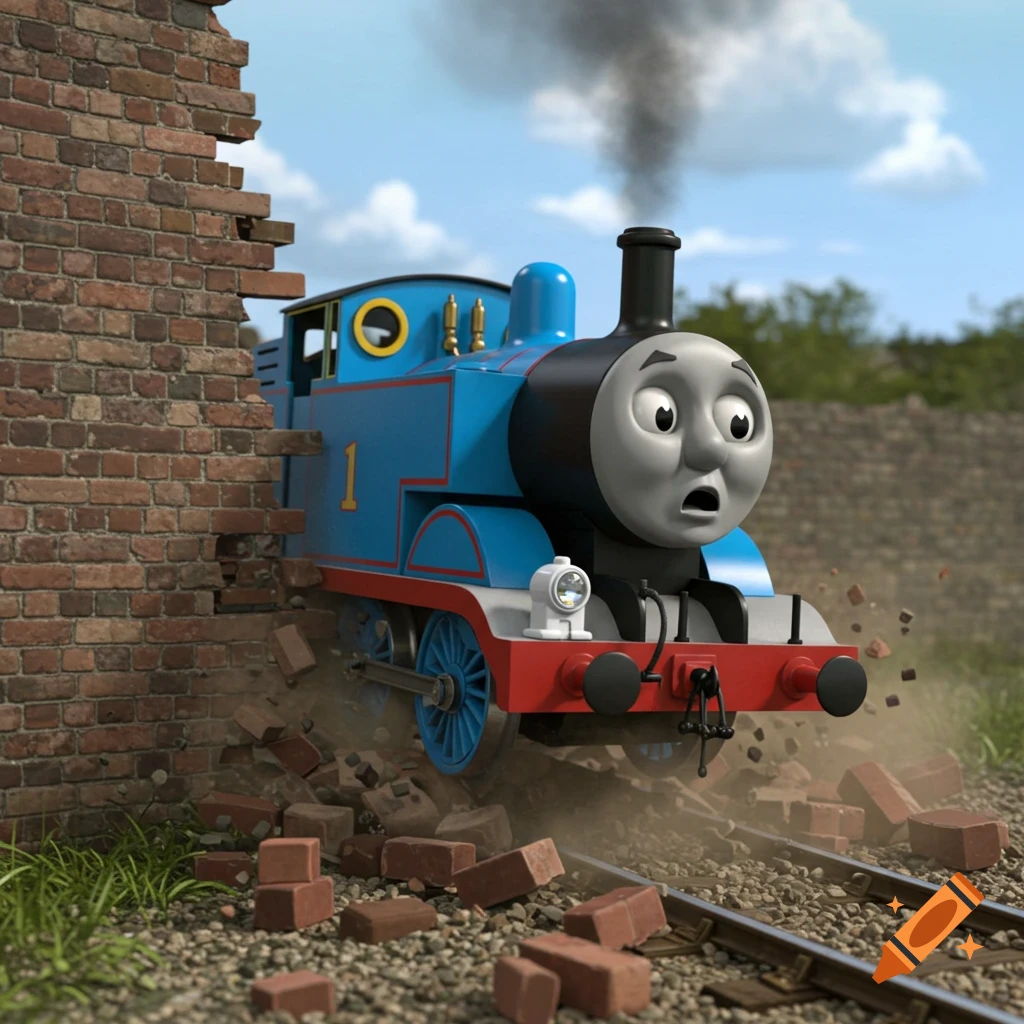 Thomas the Tank Engine crashes through a brick wall, looking surprised.