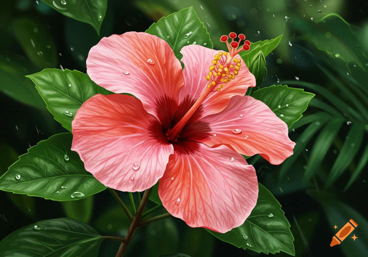 A vibrant digital painting of a pink hibiscus flower with green leaves and water droplets.