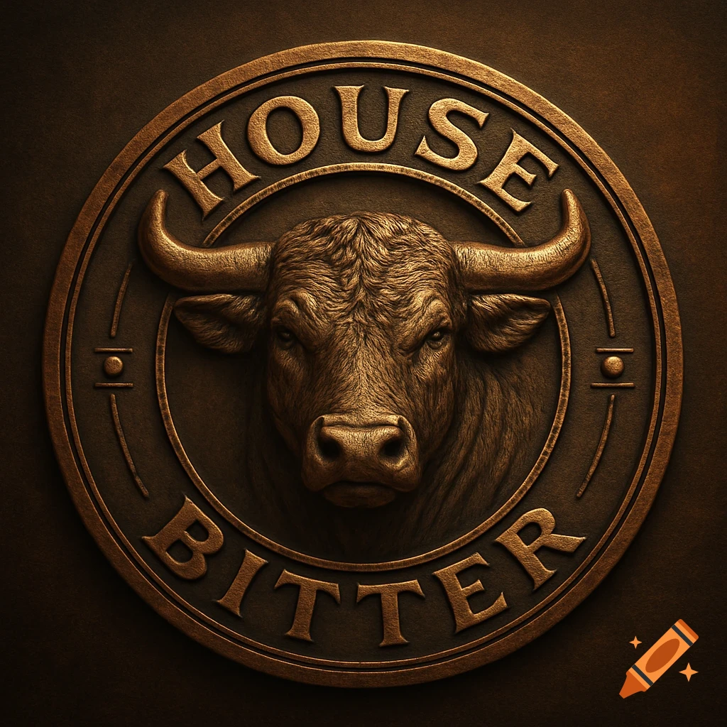 Bronze circular badge with a bull's head and 'HOUSE BITTER' embossed text.