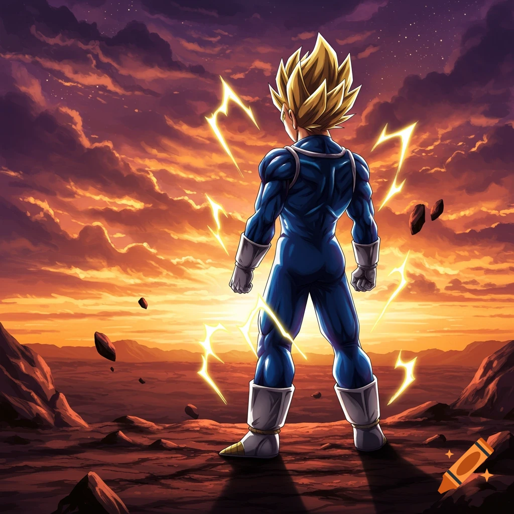 Ssj Vegeta stands on a barren alien landscape, facing a dramatic sunset with orange and purple clouds. Energy crackles around him.