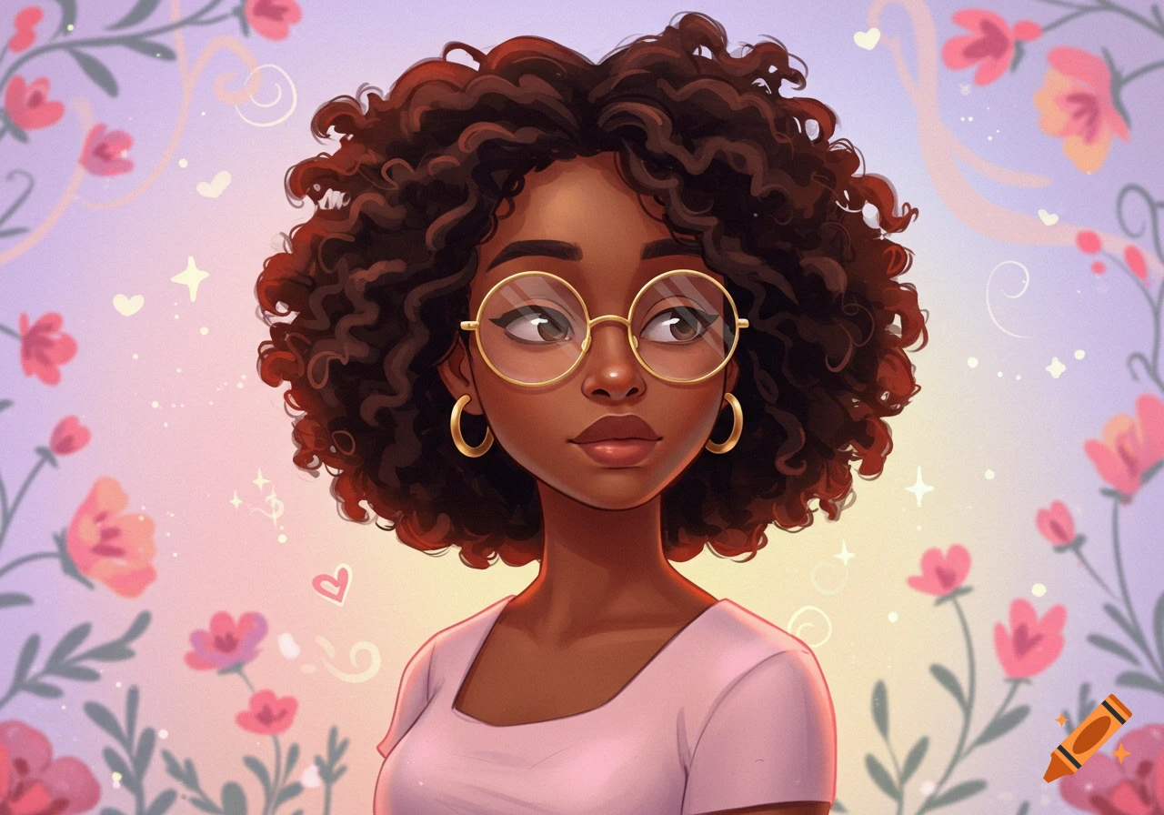 2D digital art portrait of a Black woman with curly hair, glasses, and gold hoops, on a background of pink flowers and vines.