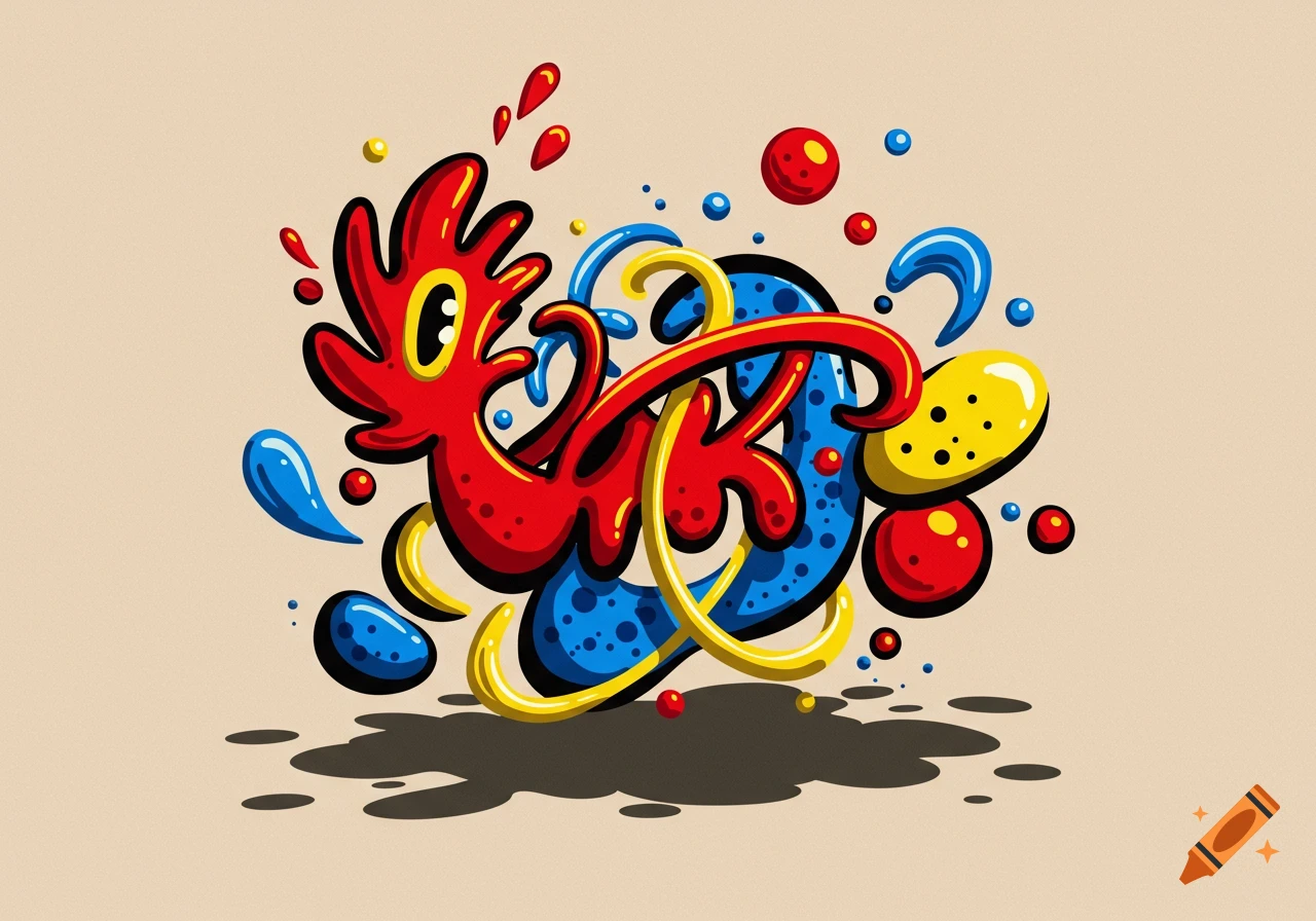 A vibrant, abstract illustration featuring a red, cartoonish blob creature with eyes, intertwined with blue and yellow shapes and scattered colorful droplets, on a light background.