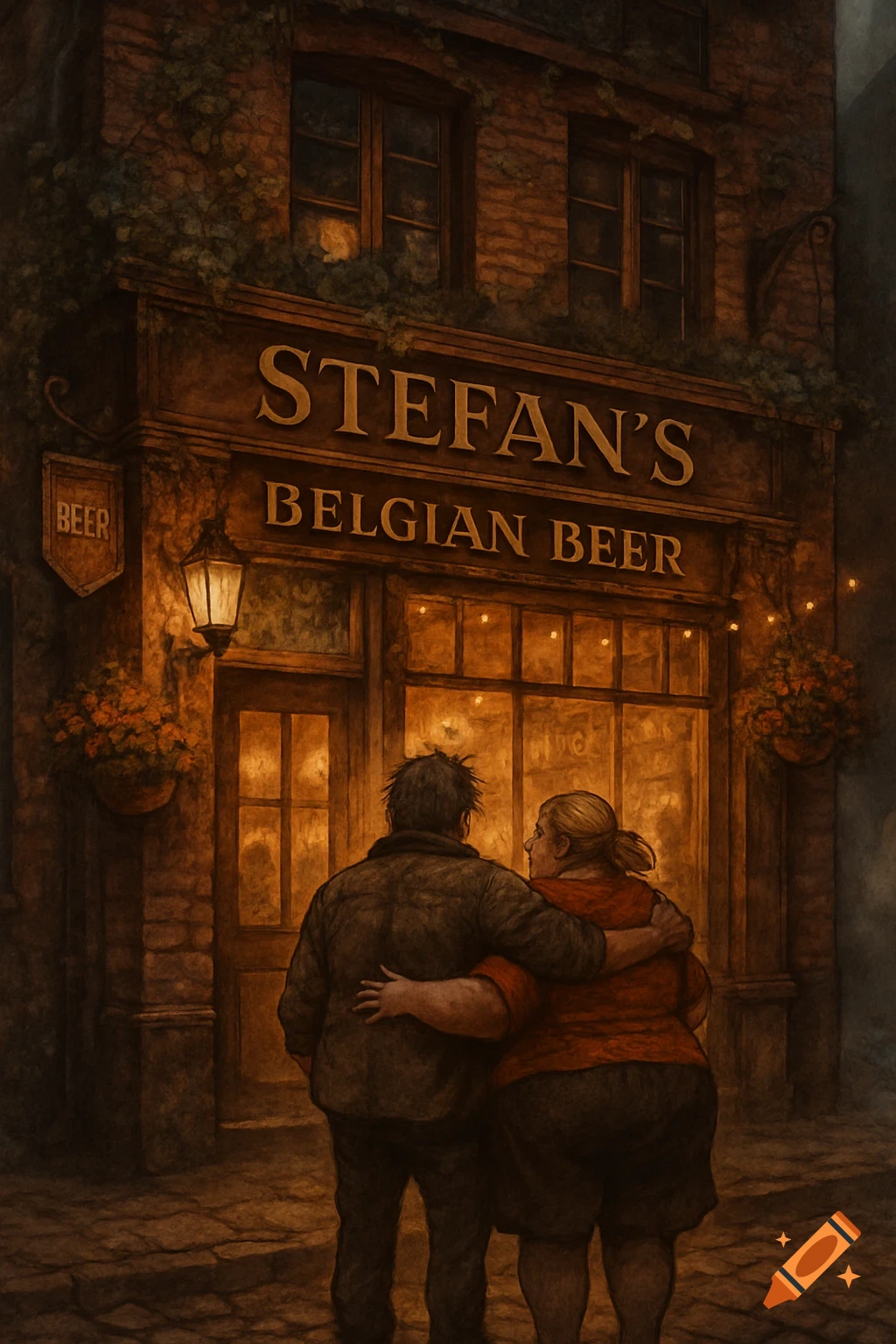 Illustration of two people from behind, standing in front of Stefan's Belgian Beer bar at night.