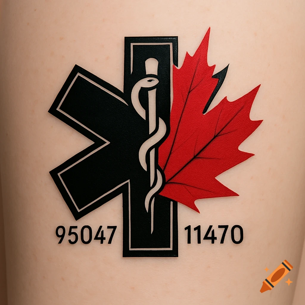 A close-up of a black Star of Life symbol merged with a red maple leaf, with the numbers 95047 and 11470 below, resembling a tattoo.