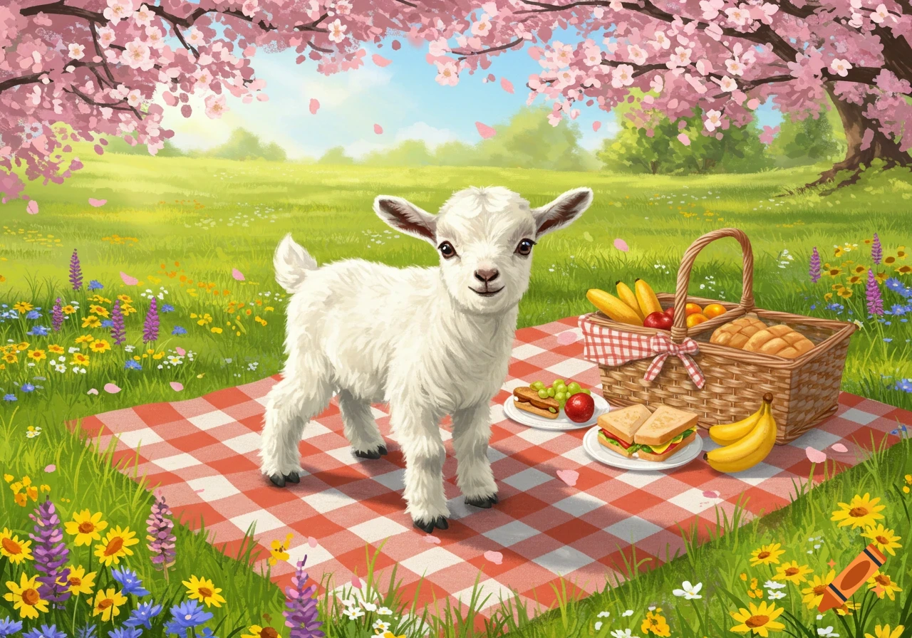 A cute baby goat stands on a red and white checkered picnic blanket in a vibrant meadow with a picnic basket and cherry blossoms overhead. Illustrated.