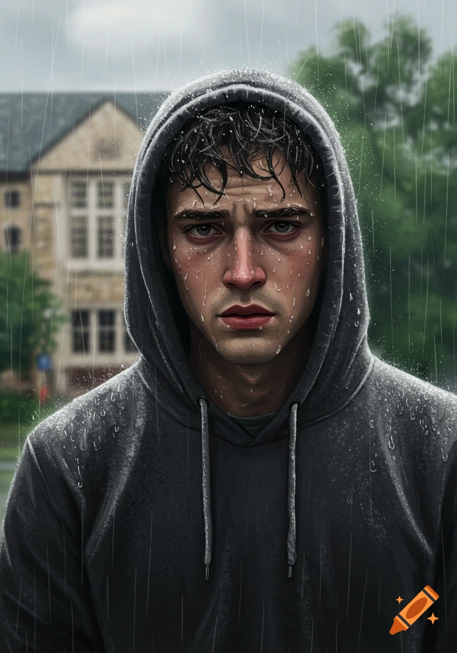 A close-up portrait of a young man with wet hair and face, wearing a dark hoodie, standing in the rain.