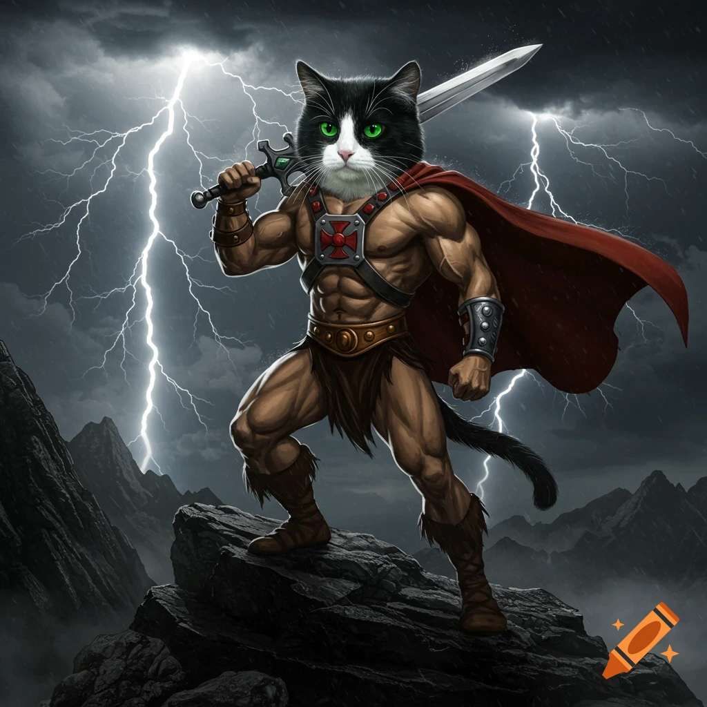 A muscular tuxedo cat with green eyes, dressed as He-Man with a sword and red cape, stands on a rocky mountain peak during a lightning storm.