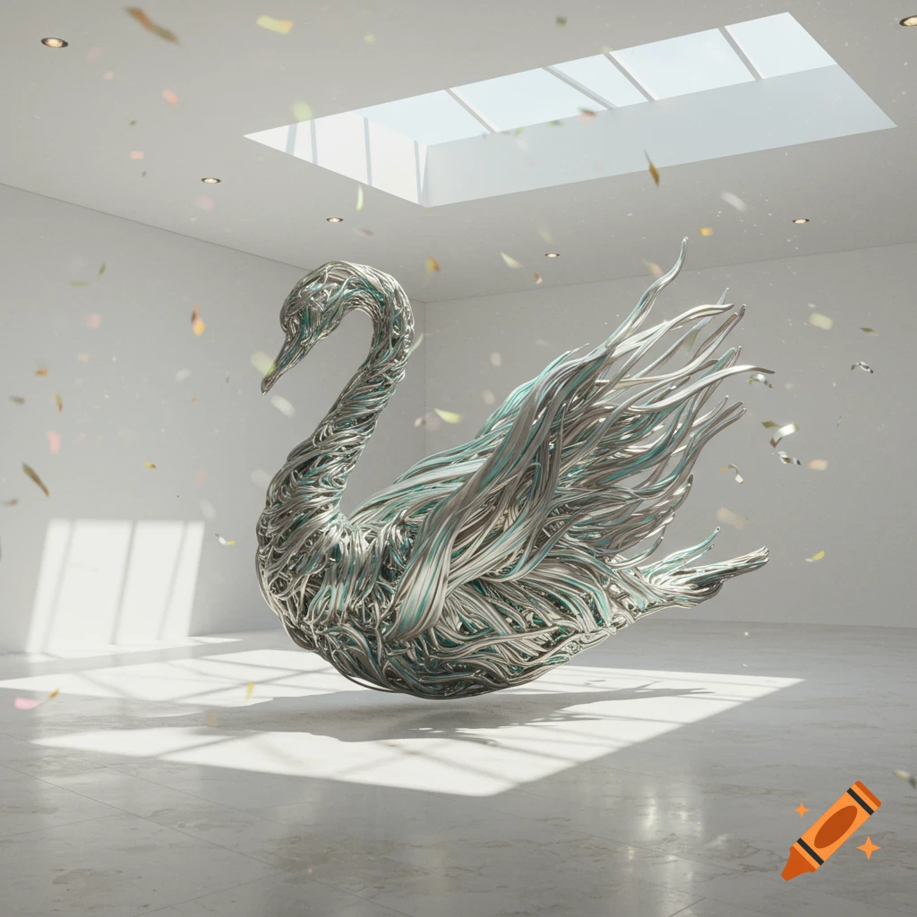 A swan sculpture made of twisted silver and teal wires floats in a bright white room.