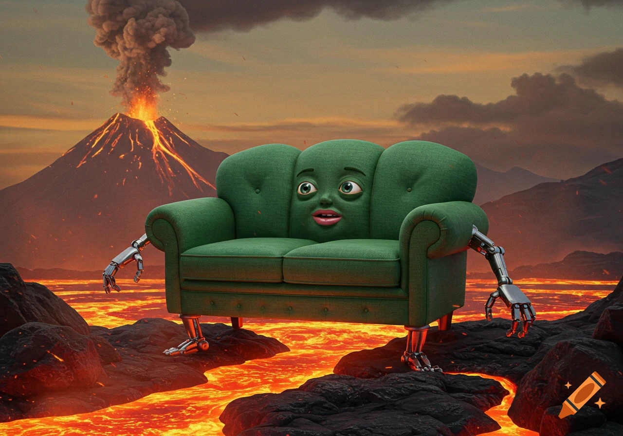 A green anthropomorphic couch with a face, robot arms, and robot legs stands on volcanic rock with lava, an erupting volcano in the background.