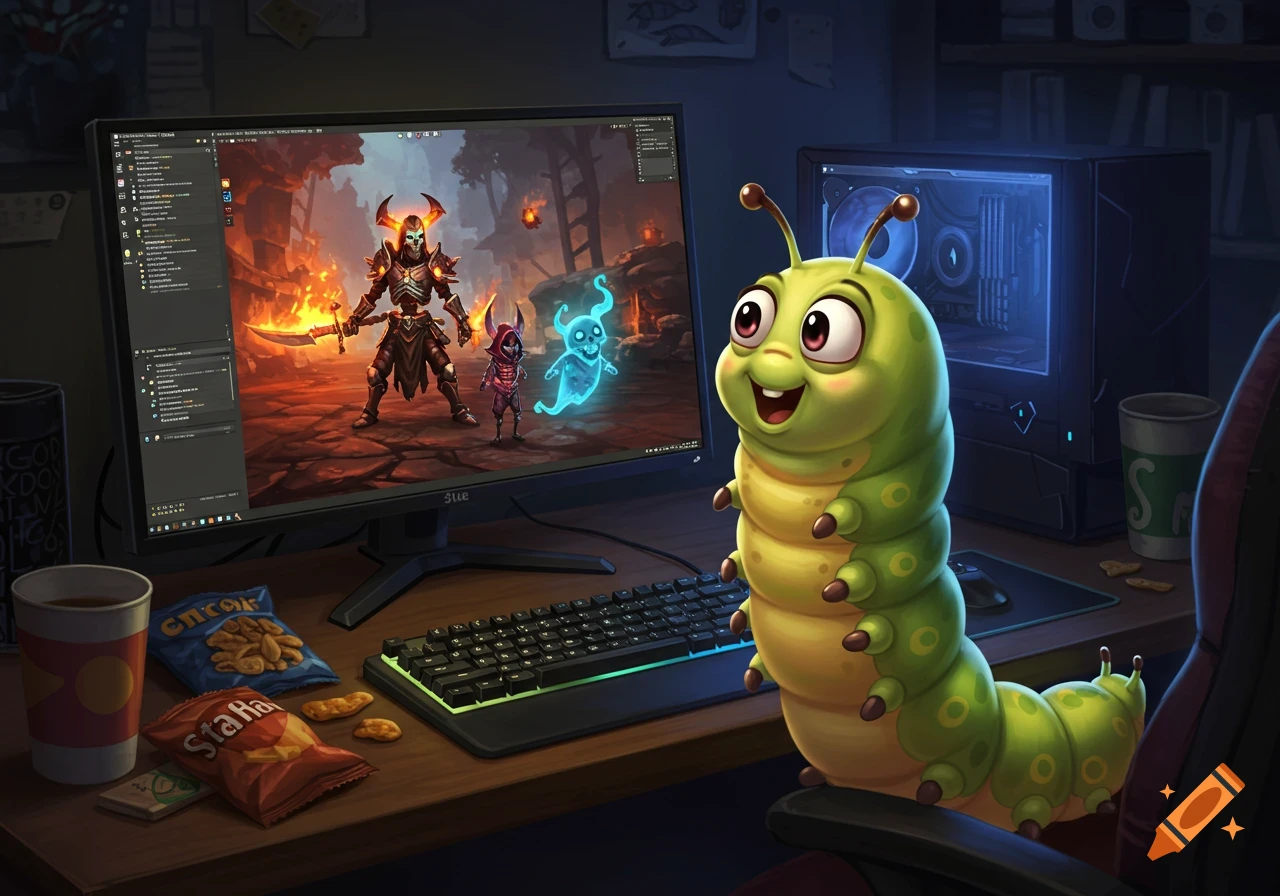 An illustration of a green cartoon caterpillar sitting at a gaming desk, playing a fantasy video game with a skeleton warrior and a ghost on the monitor.