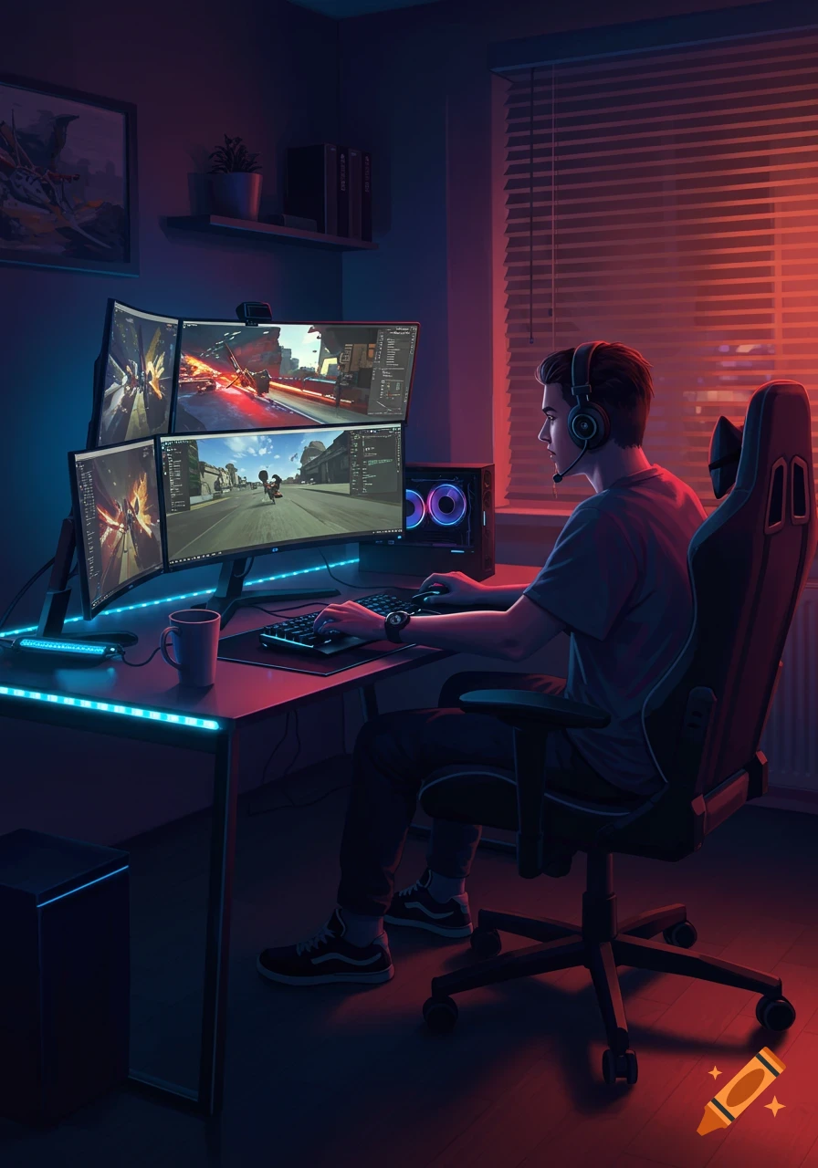 A young man playing video games at night on a multi-monitor PC setup with vibrant blue and red lighting.