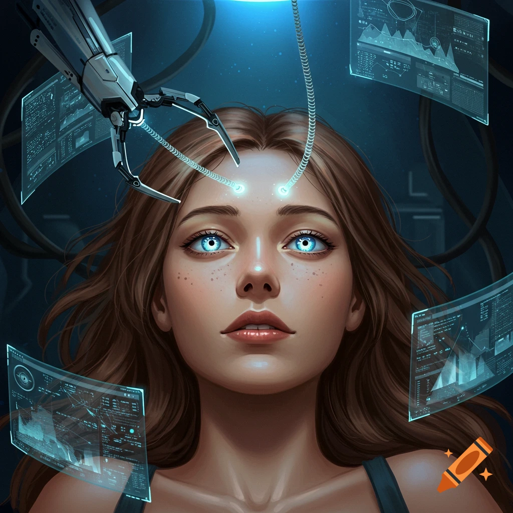 Close-up of a young woman with glowing blue eyes, connected to wires by a robotic arm, surrounded by floating holographic screens displaying data in a dark, futuristic setting.