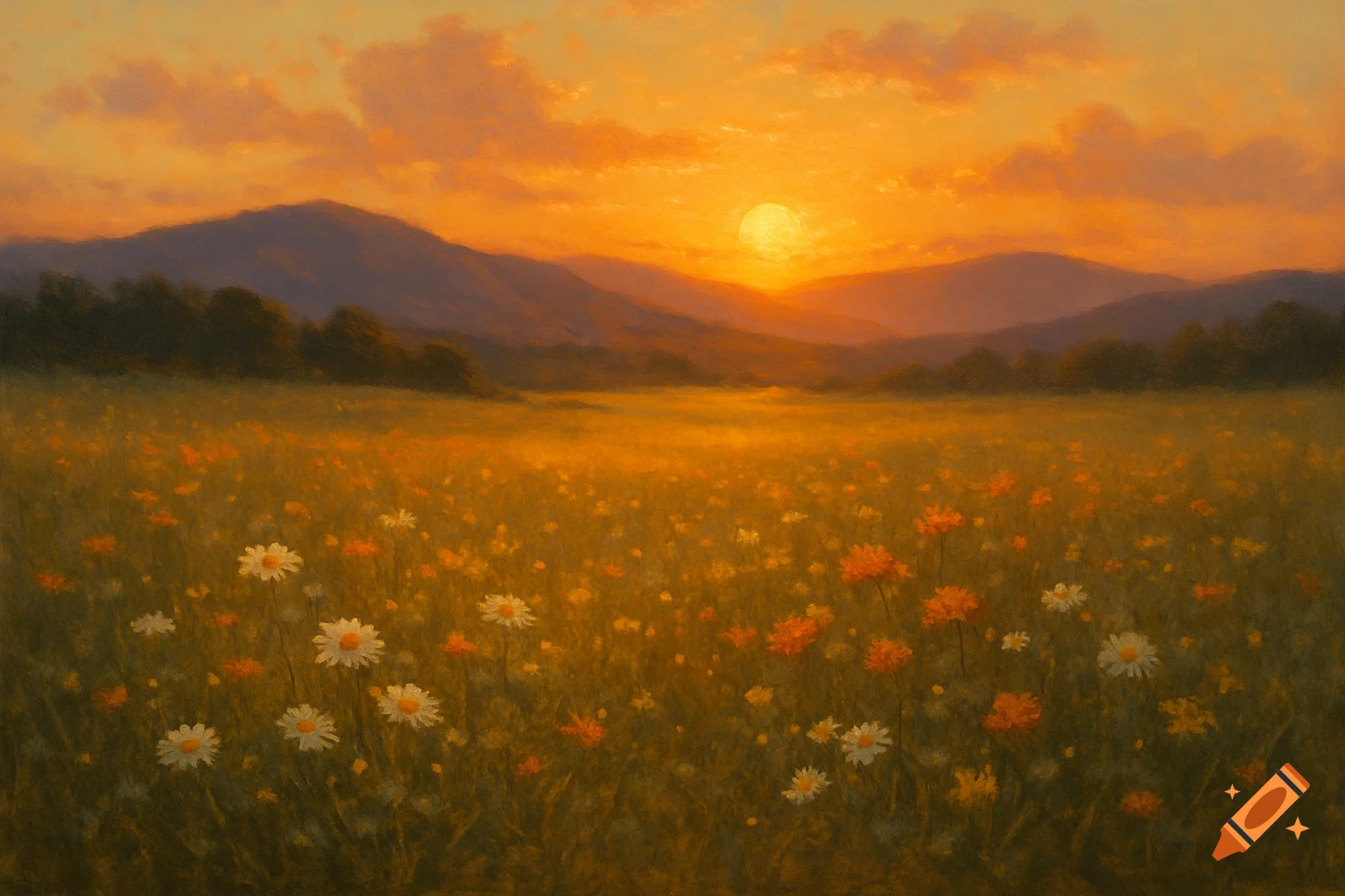 A painterly landscape of a field of wildflowers with mountains in the background under an orange sunset.