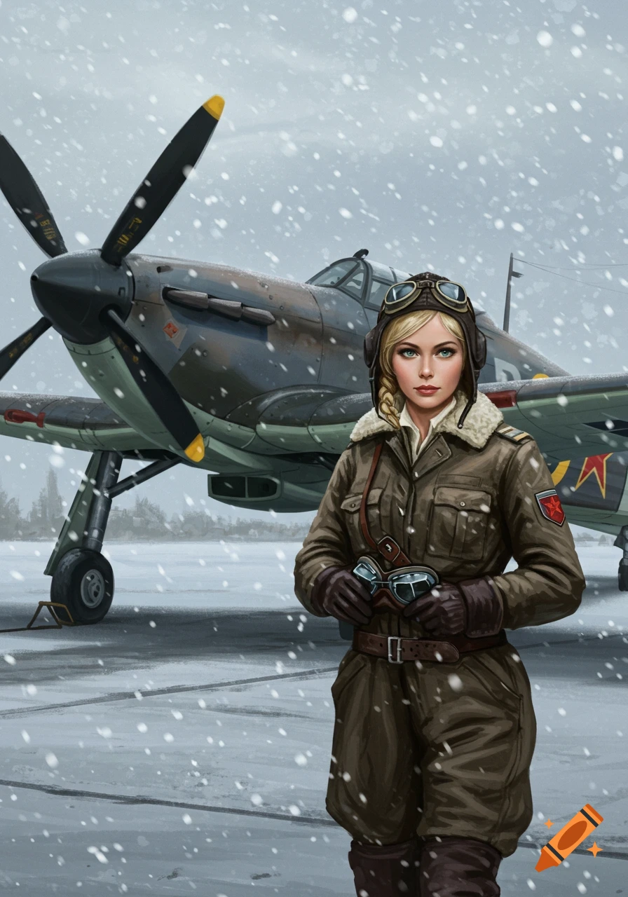 A blonde female Soviet pilot in a winter uniform stands in snow on an airfield, holding goggles, with a Hawker Hurricane plane behind her.