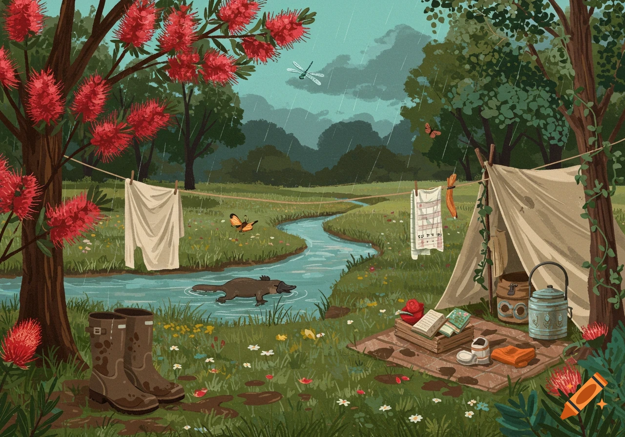 A lush, green cottagecore landscape in the rain, with a platypus in a winding river, a tent, boots, and laundry drying on a line under blooming bottlebrush trees.