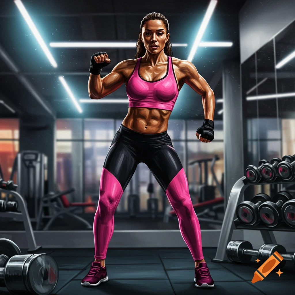 A muscular woman in a pink sports bra and black and pink leggings poses in a gym, surrounded by weights and equipment.