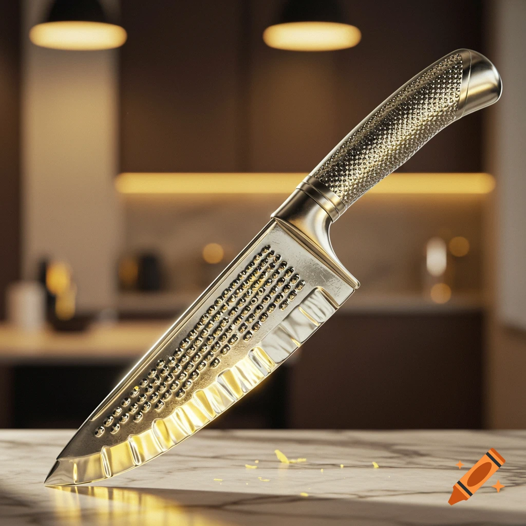 Photorealistic gold and silver kitchen knife with a cheese grater blade on a marble counter in a modern kitchen.