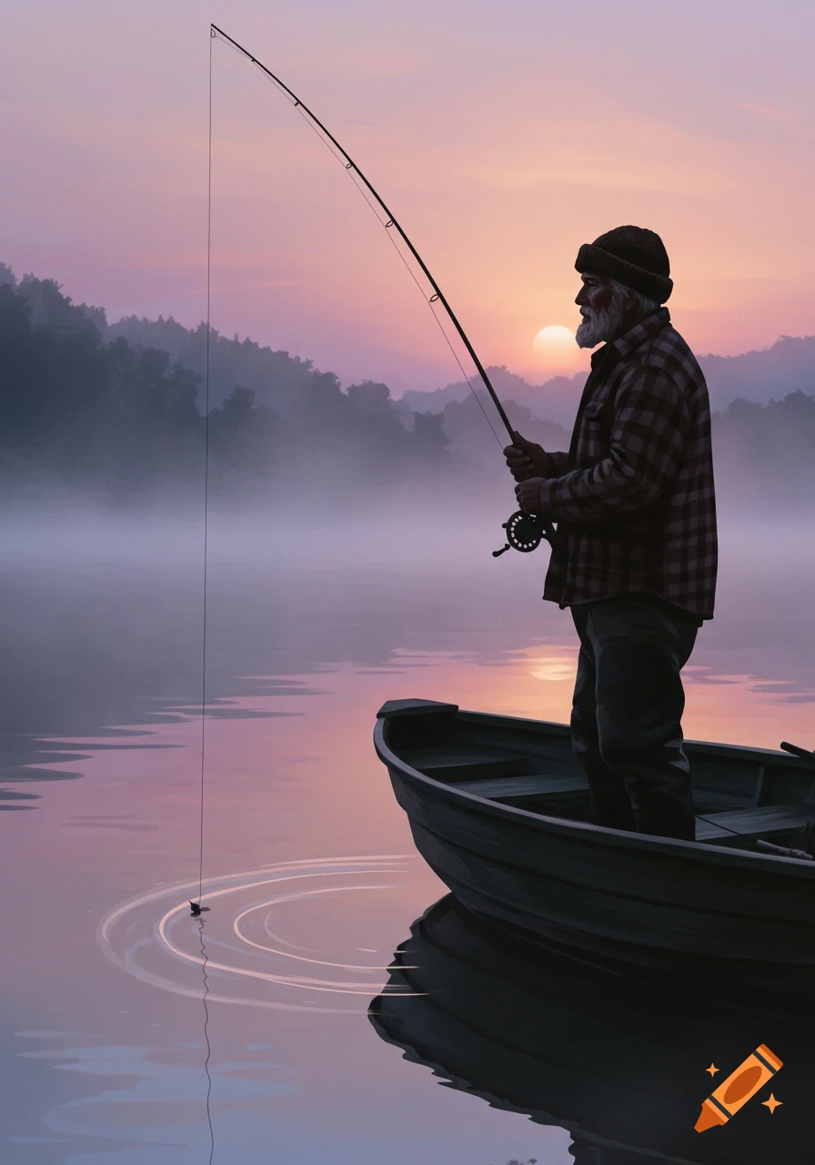 An old man in a boat fishing on a misty lake at sunrise with mountains in the background.