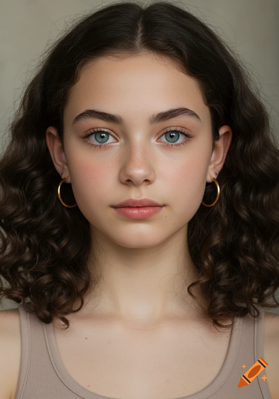 Photorealistic portrait of a young woman with curly brown hair, blue eyes, and gold hoop earrings.